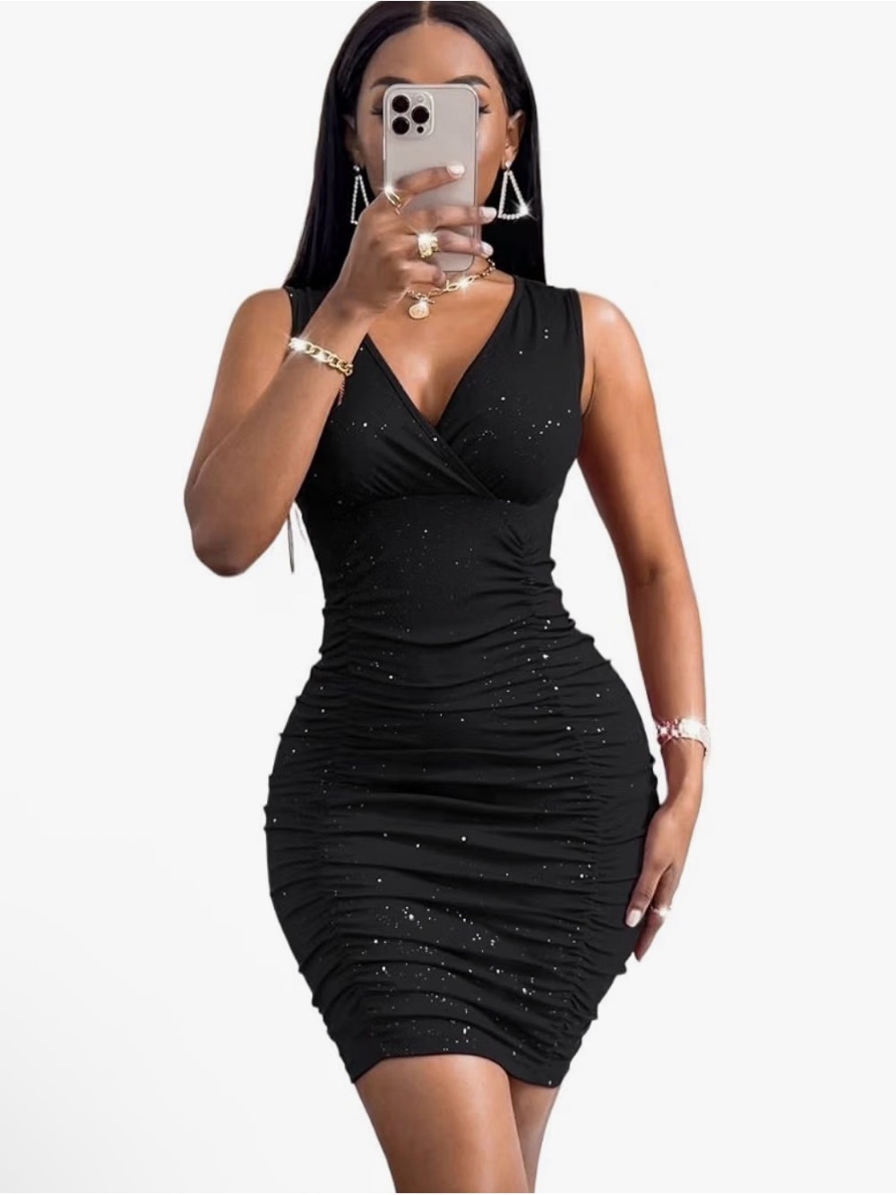 Black Sleeveless Ruched V-Neck Bodycon Dress